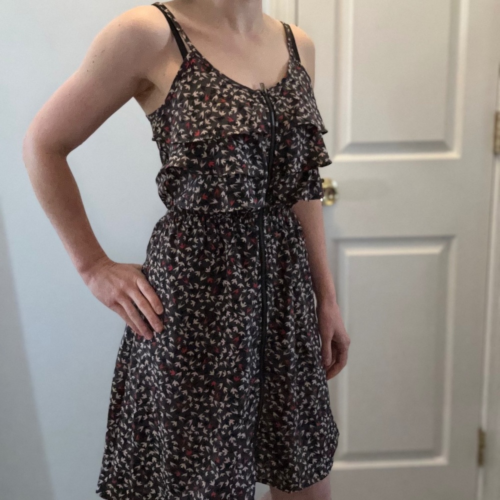 Xhilaration XS Full Zip Up Bird Ruffle Dress